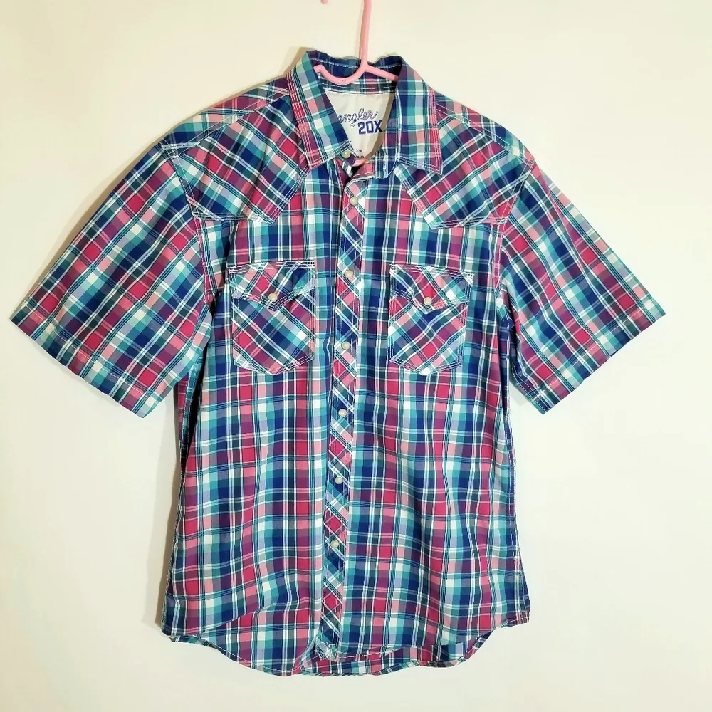 Wrangler 20X Shirt Men's Medium Pearl Snap Western Blue Plaid Short Sleeve